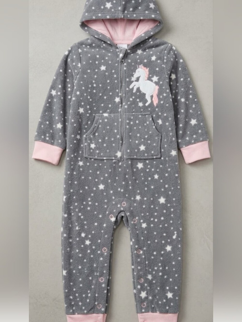 Hudson Baby Grey Star & Pink-Trim Unicorn Fleece One-Piece